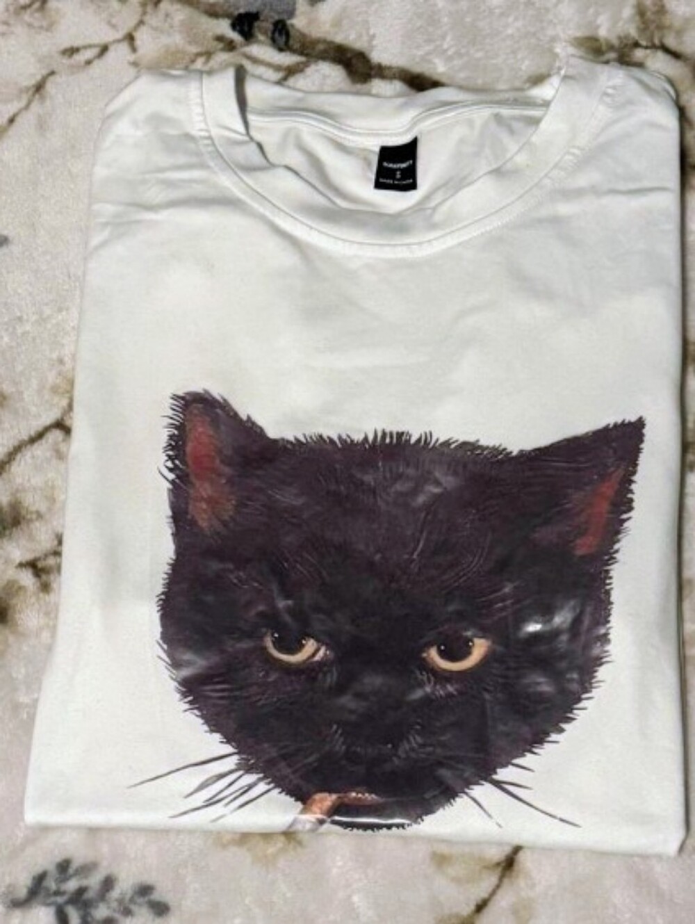 Smoking Black Cat White T-Shirt with Black Cat Face Print. This Is Like New. SM